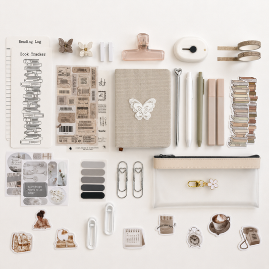 Minimal neutral stationery gift set featuring the signature Push Pin Studio butterfly journal, reading tracker, vintage stickers, pastel pens, transparent pencil pouch and elegant desk accessories for journaling and planning