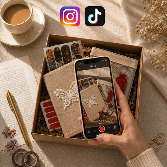 Hand holding a phone taking a photo of a decorative box with a cup of coffee and stationery items.