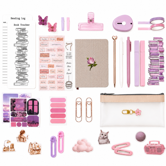 Pink stationery gift set with beige linen notebook, journal accessories, pens, stickers, bookmark, reading tracker, washi tape and pencil case