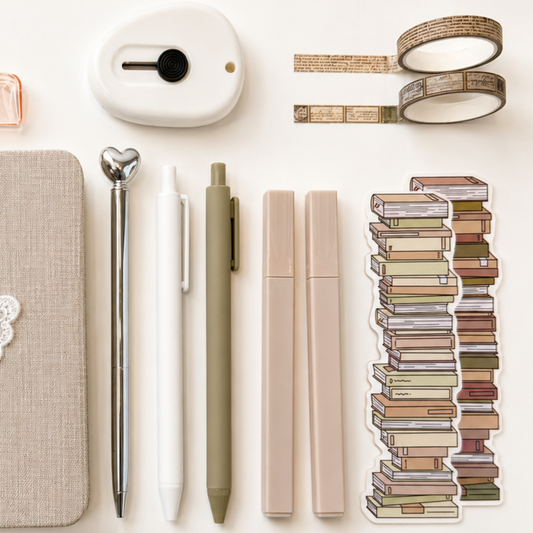 Neutral aesthetic stationery accessories with minimalist pens, washi tape, mini label maker and stacked book sticker