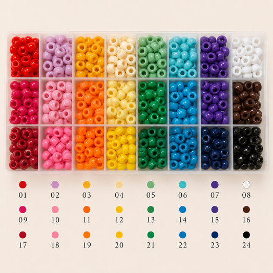 Assorted colorful beads in a clear organizer with color swatches below.
