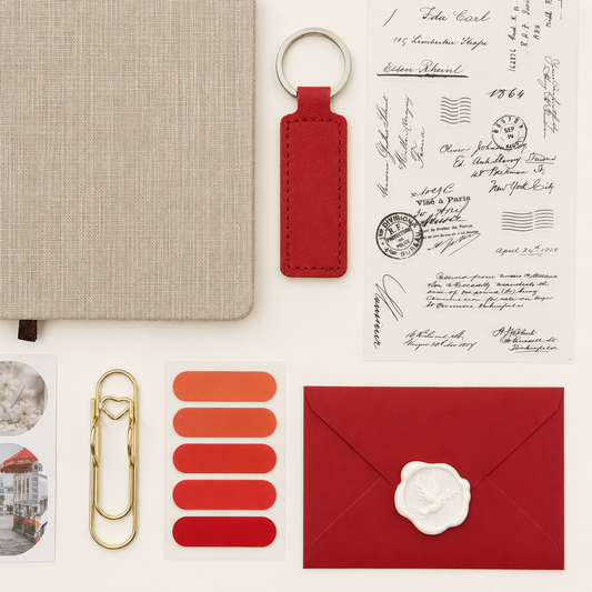 Collection of stationery items including a red keychain, envelope, and paper clips on a textured surface.