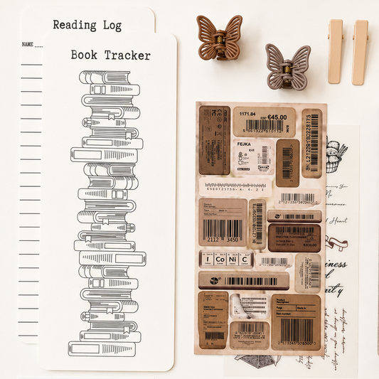 Reading tracker bookmark, vintage label stickers and neutral butterfly clips