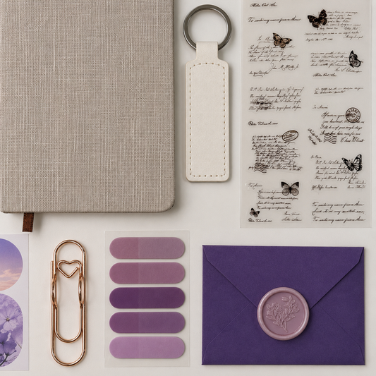 Collection of stationery items including a notebook, keychain, stickers, and an envelope on a white background.