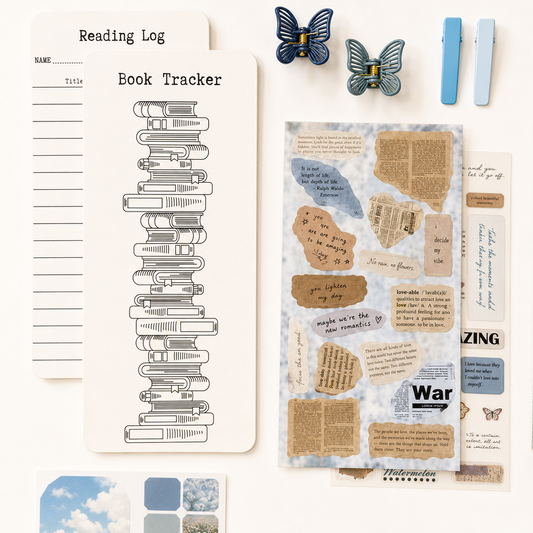 blue aesthetic reading tracker cards with book journal inserts, butterfly clips, and vintage collage stationery details