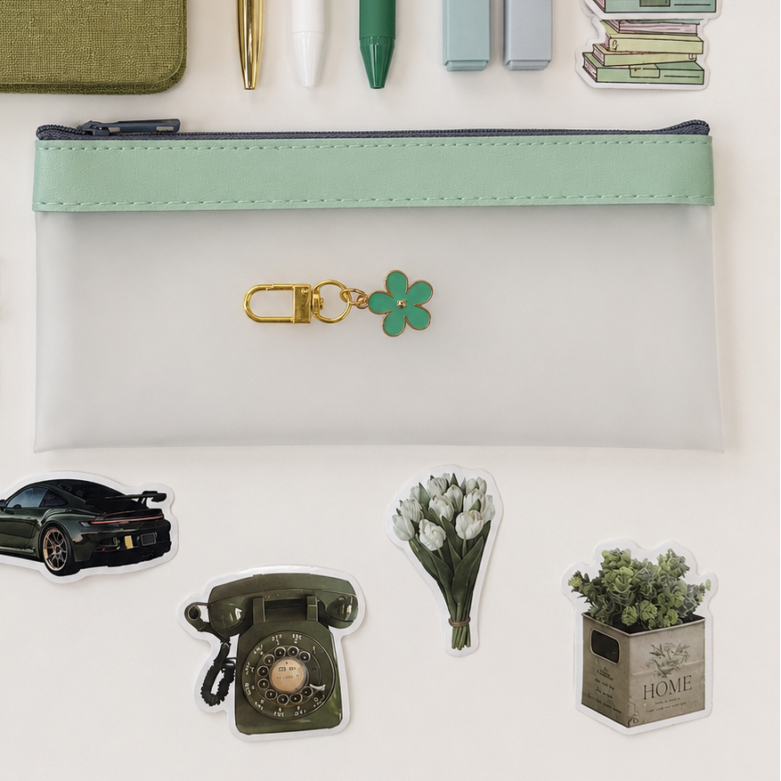 Aesthetic green zipper pouch with floral charm, journaling stickers and soft stationery essentials flat lay