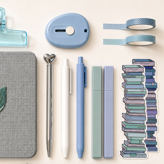 blue aesthetic journaling supplies with pastel pens, minimalist stationery accessories, washi tape, and stacked book sticker details