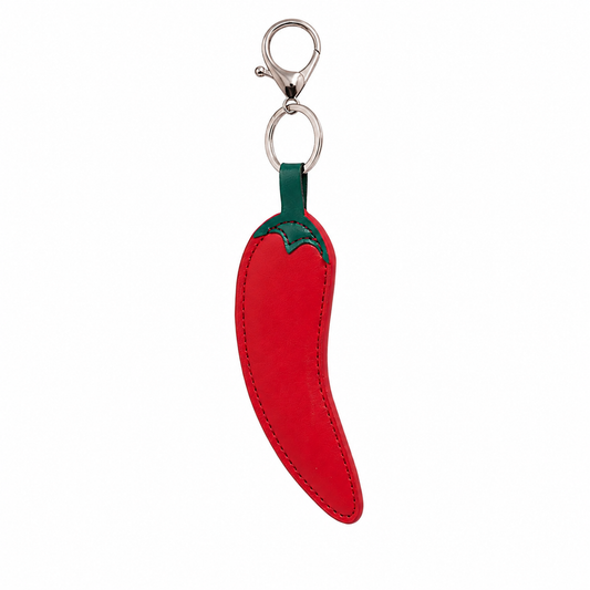 Red chili pepper-shaped keychain with a green stem on a white background