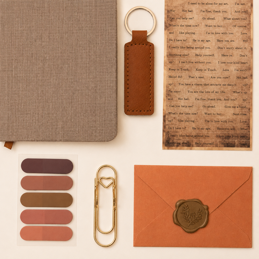 Collection of brown stationery items including a notebook, keychain, envelope, and paper clips on a beige background.