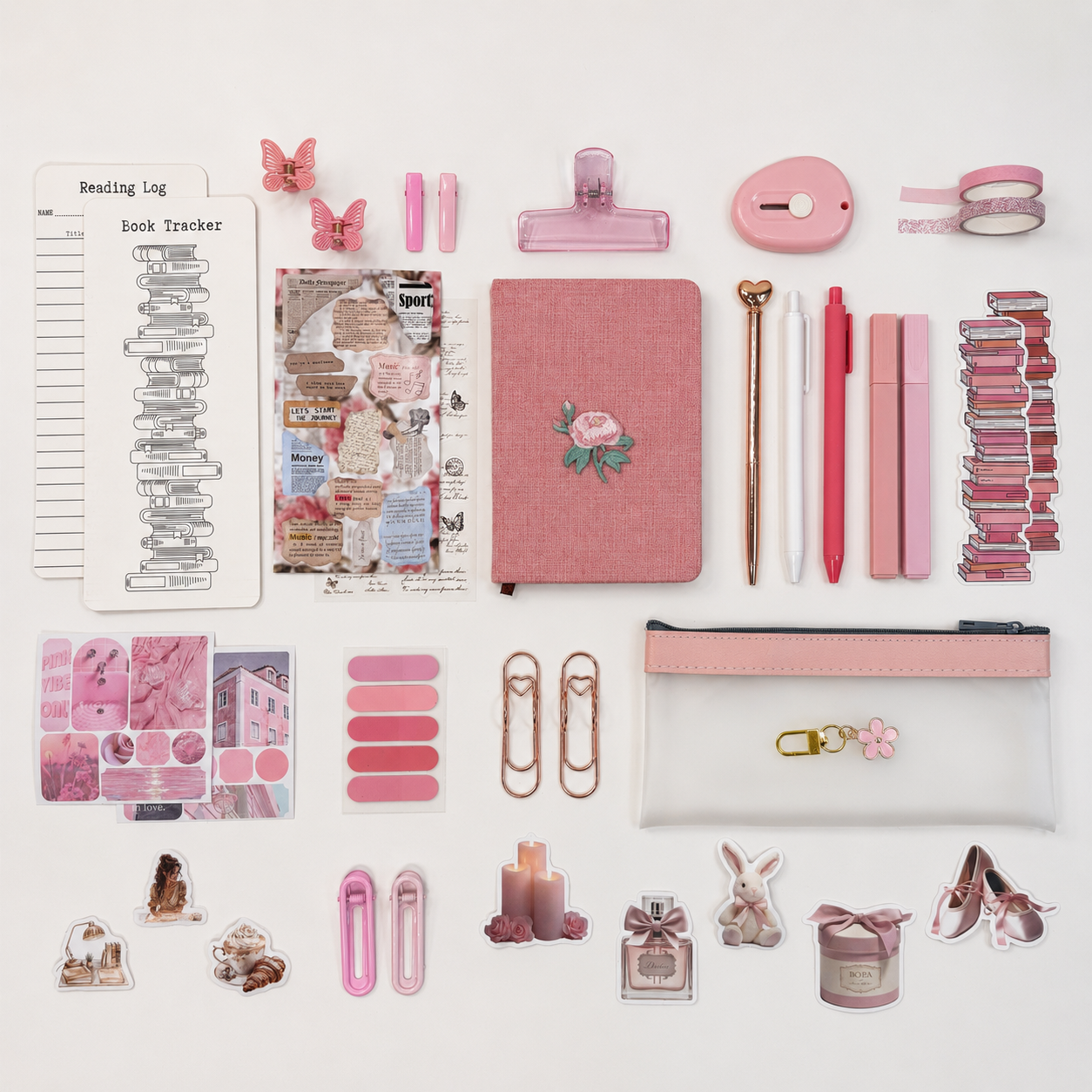 pink aesthetic stationery bundle with journal, stickers, planner accessories, pens, and cute desk essentials
