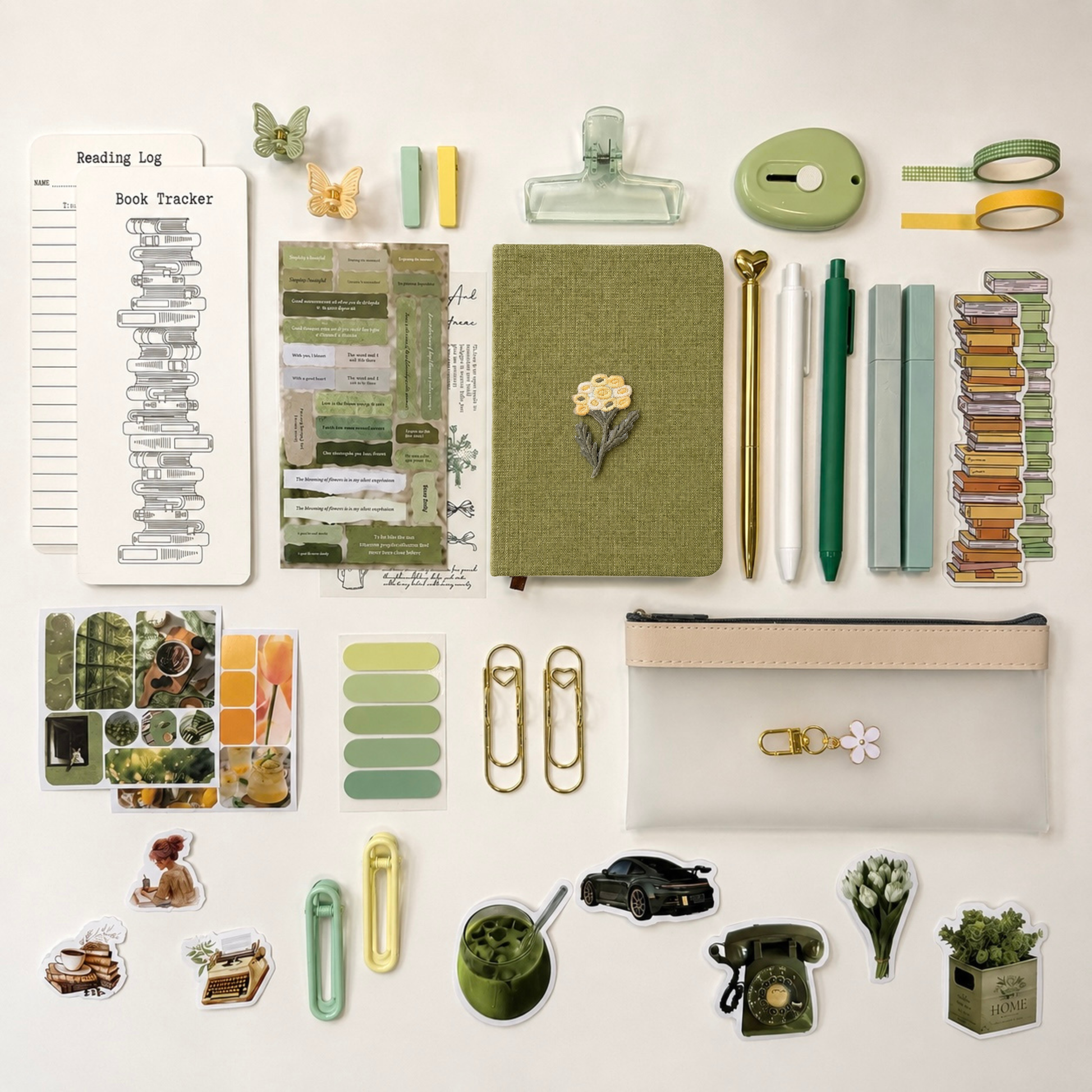 Green aesthetic stationery gift bundle with linen journal, pastel pens, reading tracker, vintage stickers and cozy desk accessories for journaling and planning