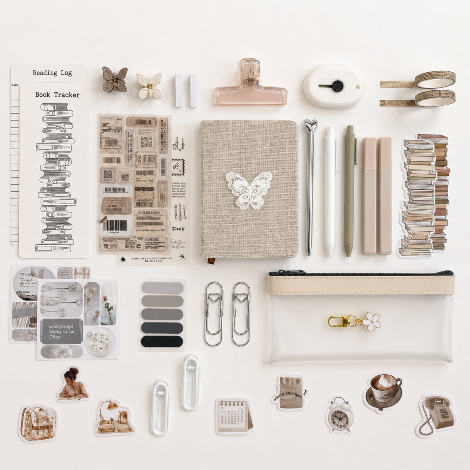 Minimal neutral stationery gift set featuring the signature Push Pin Studio butterfly journal, reading tracker, vintage stickers, pastel pens, transparent pencil pouch and elegant desk accessories for journaling and planning
