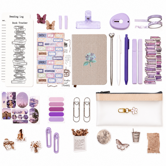 Purple stationery set with linen notebook, pens, stickers, bookmark, washi tape and pencil case