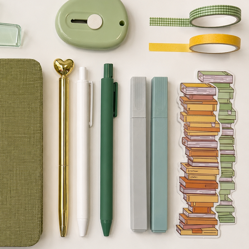 Green aesthetic stationery flat lay with pastel pens, gingham washi tape, vintage book stickers and cozy journaling accessories for planning and study
