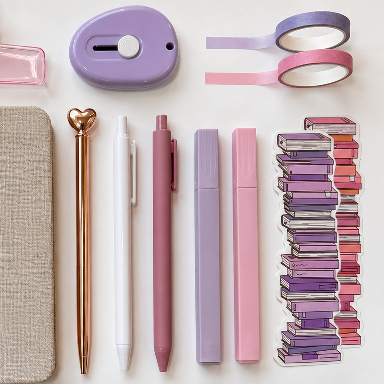 Pastel stationery essentials arranged in a minimal flat lay featuring pink and lavender washi tape, aesthetic pens and highlighters, a rose gold heart-top pen, mini label maker, linen notebook cover, and stacked book illustration sticker on a soft white background.