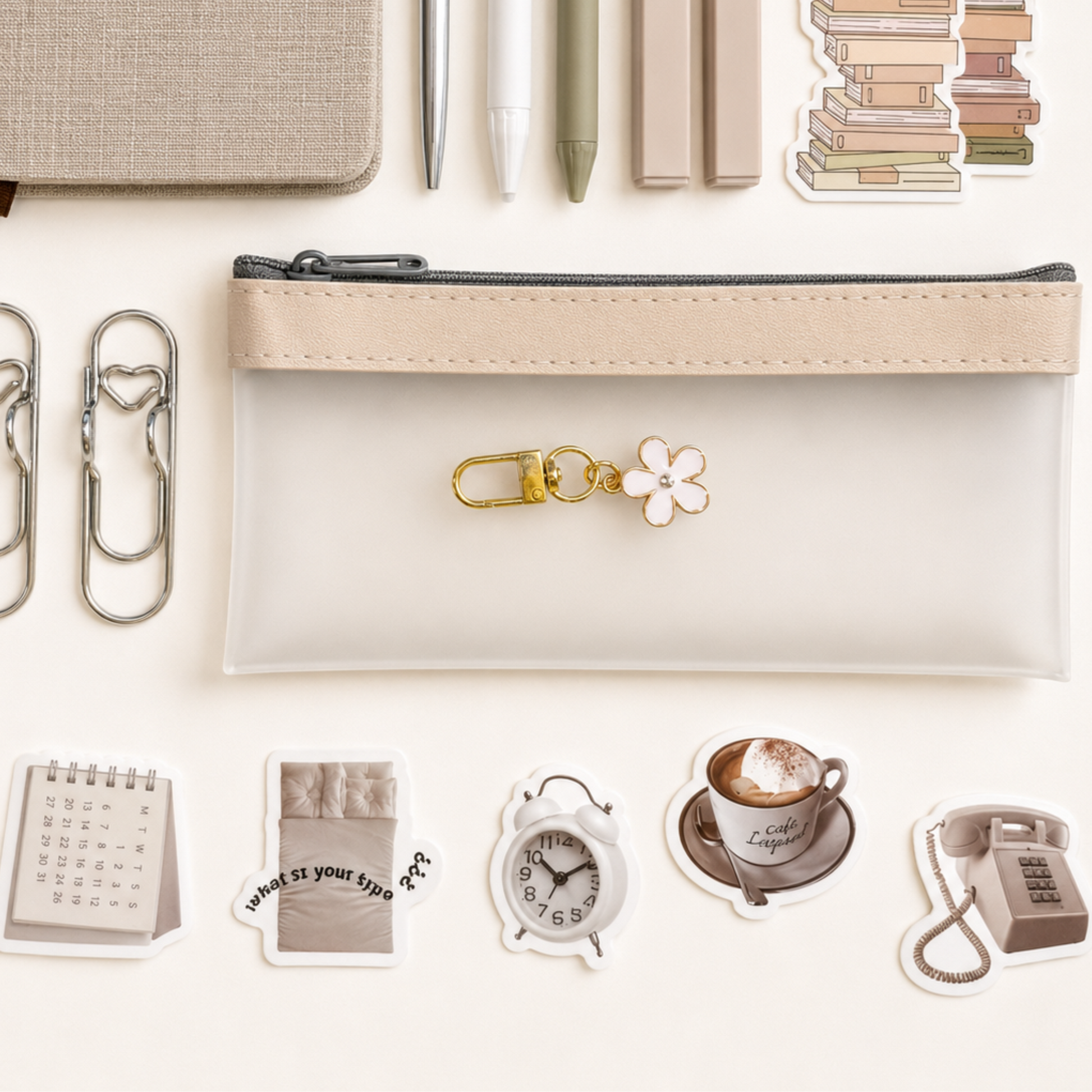Minimalist transparent pencil pouch with neutral stationery accessories, silver paper clips, floral keychain charm and cozy vintage-inspired stickers