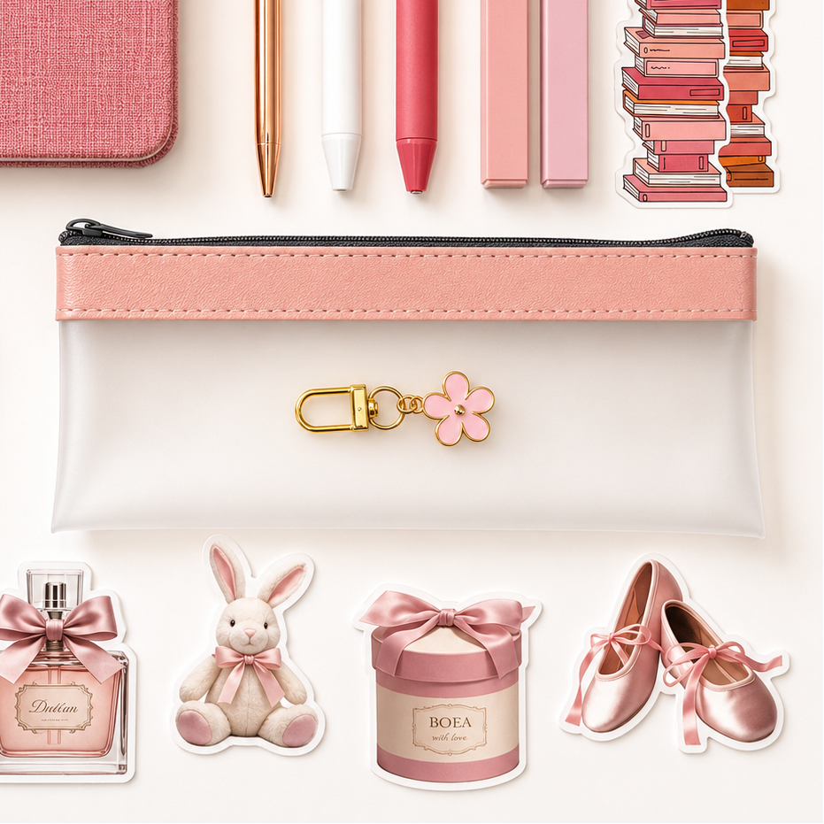 pink aesthetic pencil pouch with flower keychain charm, cute stationery accessories, and soft girl desk essentials for journaling