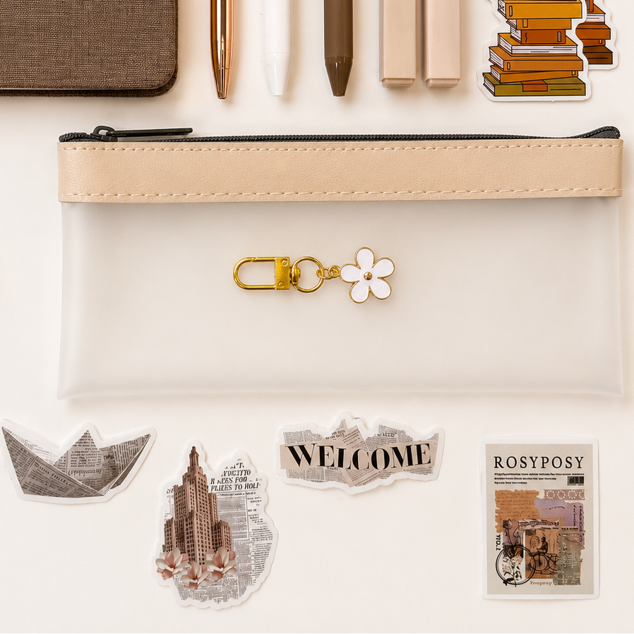 Transparent pencil pouch with flower charm and vintage aesthetic stickers