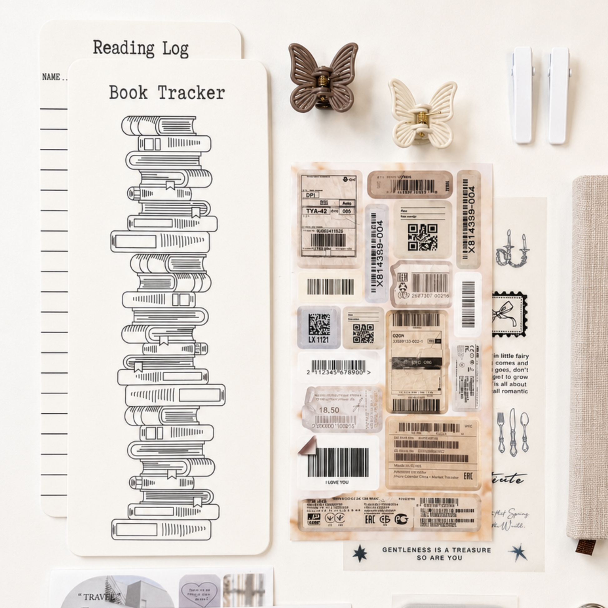Reading tracker bookmark, vintage label stickers and neutral butterfly hair clips