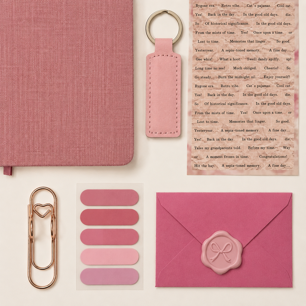 Collection of pink stationery items including a notebook, keychain, paper clips, and envelope on a white background.