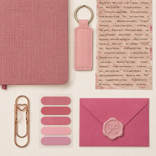Collection of pink stationery items including a notebook, keychain, paper clips, and envelope on a white background.