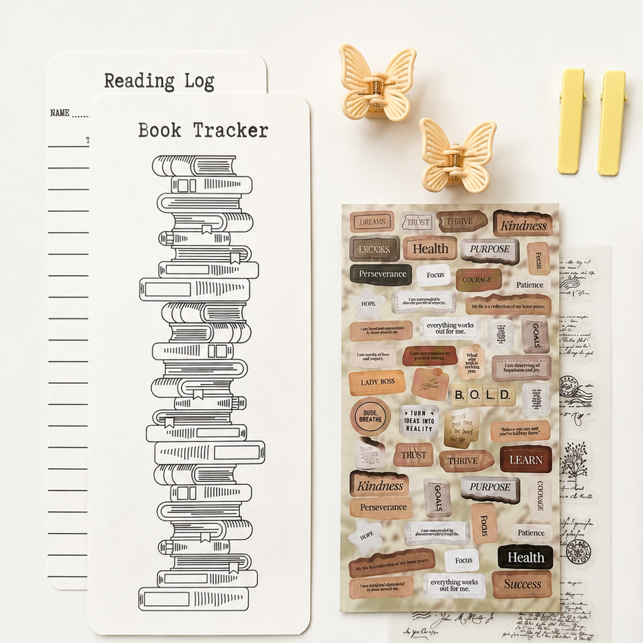 Minimal reading tracker printable with vintage book illustration, neutral journaling stickers, butterfly clips and cozy aesthetic stationery accessories