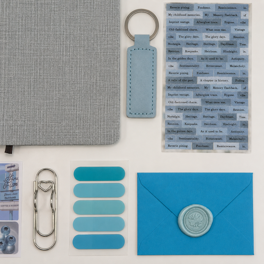Collection of stationery items including a notebook, keychain, and envelope on a white background