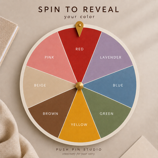 spin wheel with surprise stationery set colors including red, pink, lavender, blue, green, yellow, brown and beige for mystery mini stationery box by PUSH PIN STUDIO