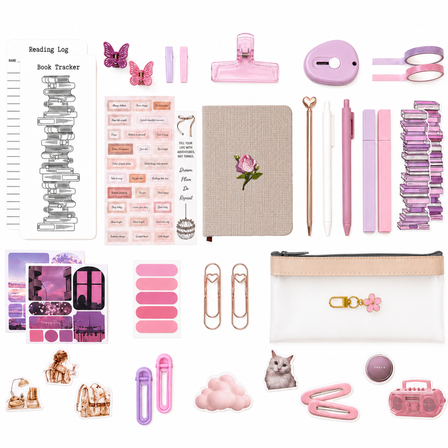 Pink stationery gift set with beige linen notebook, journal accessories, pens, stickers, bookmark, reading tracker, washi tape and pencil case