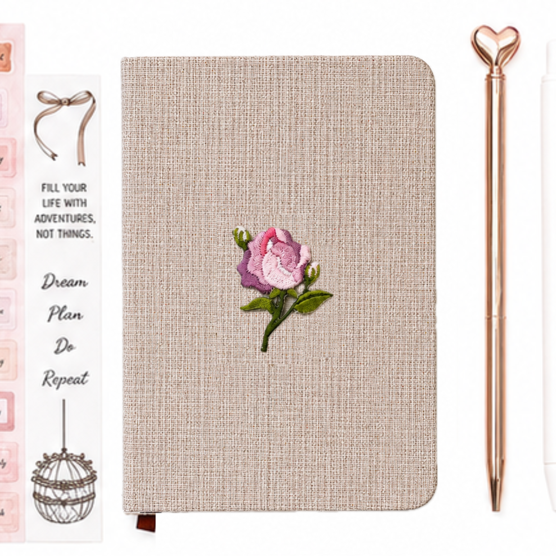 Beige linen notebook with pink rose embroidery, rose gold heart pen and aesthetic stationery accessories