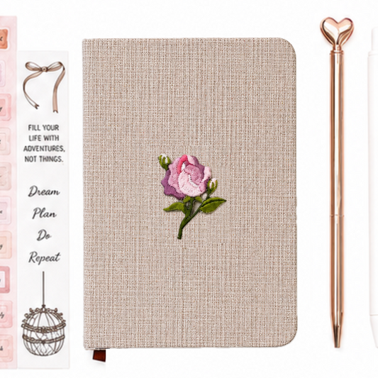 Beige linen notebook with pink rose embroidery, rose gold heart pen and aesthetic stationery accessories