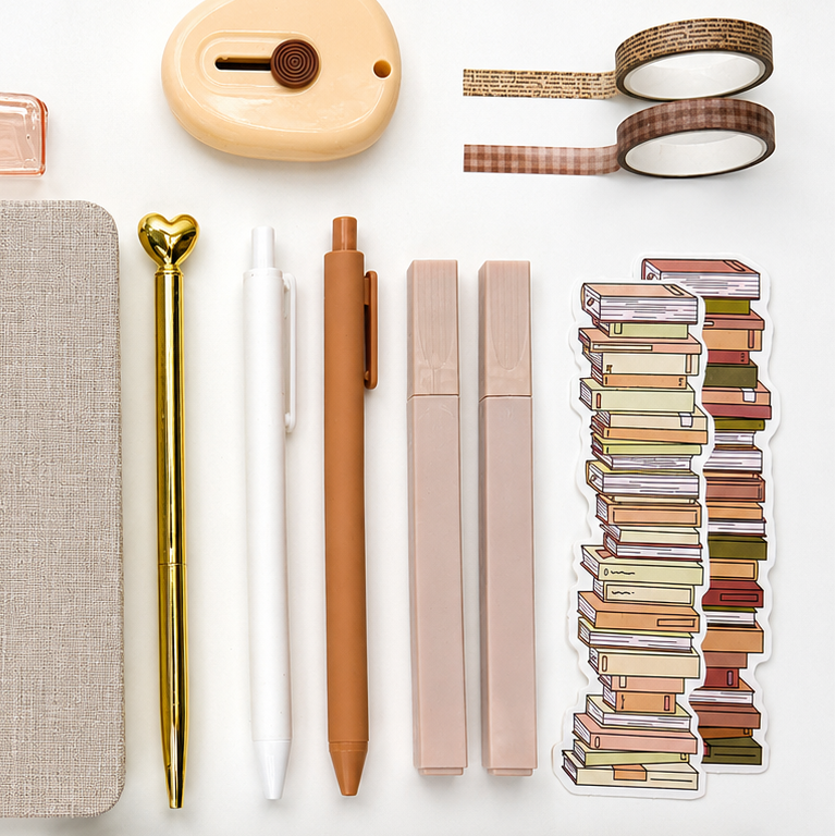 Neutral aesthetic stationery accessories with pastel pens, washi tape, mini label maker and stacked book sticker