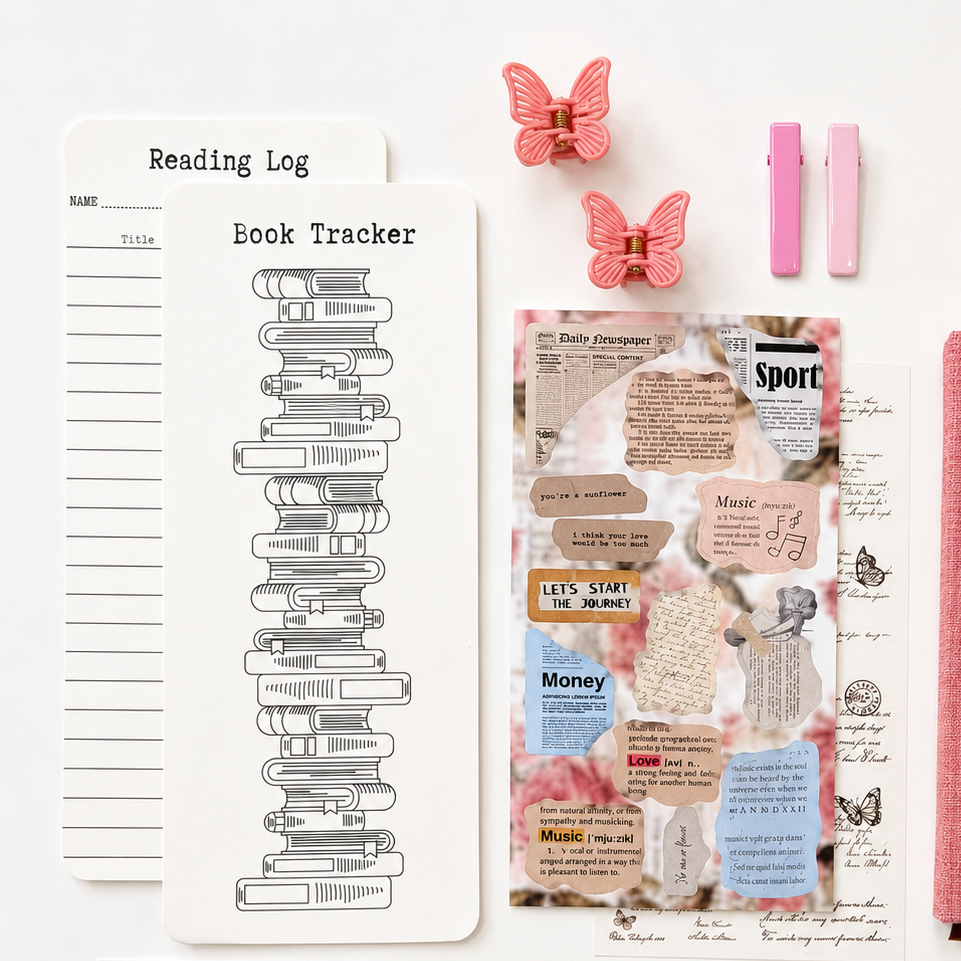 aesthetic reading tracker and journaling stationery set with pink scrapbook accessories and BookTok-inspired details
