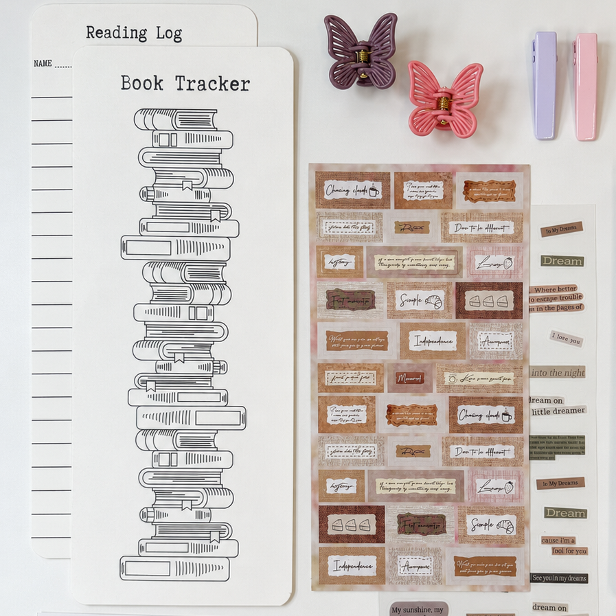 Minimal reading-themed stationery flat lay featuring a book tracker reading log, vintage-inspired neutral sticker sheets, pastel butterfly hair clips, and soft pink and lavender page clips arranged on a clean white background.