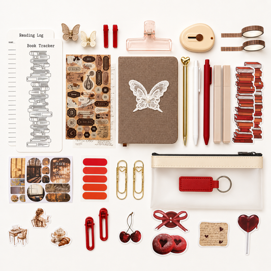 Collection of stationery items including a notebook, stickers, and clips on a white background