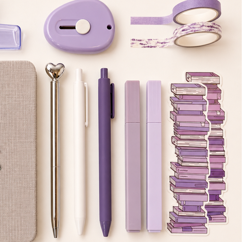 Minimal pastel purple stationery flat lay featuring aesthetic pens and highlighters, lavender washi tape, mini label maker, stacked book sticker, and elegant silver heart-top pen arranged on a soft white background with cozy journaling aesthetic.