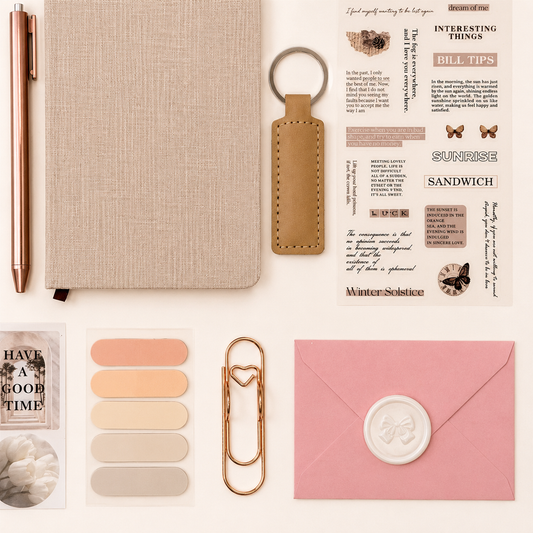 Collection of stationery items including a notebook, pen, keychain, and decorative elements on a light background.