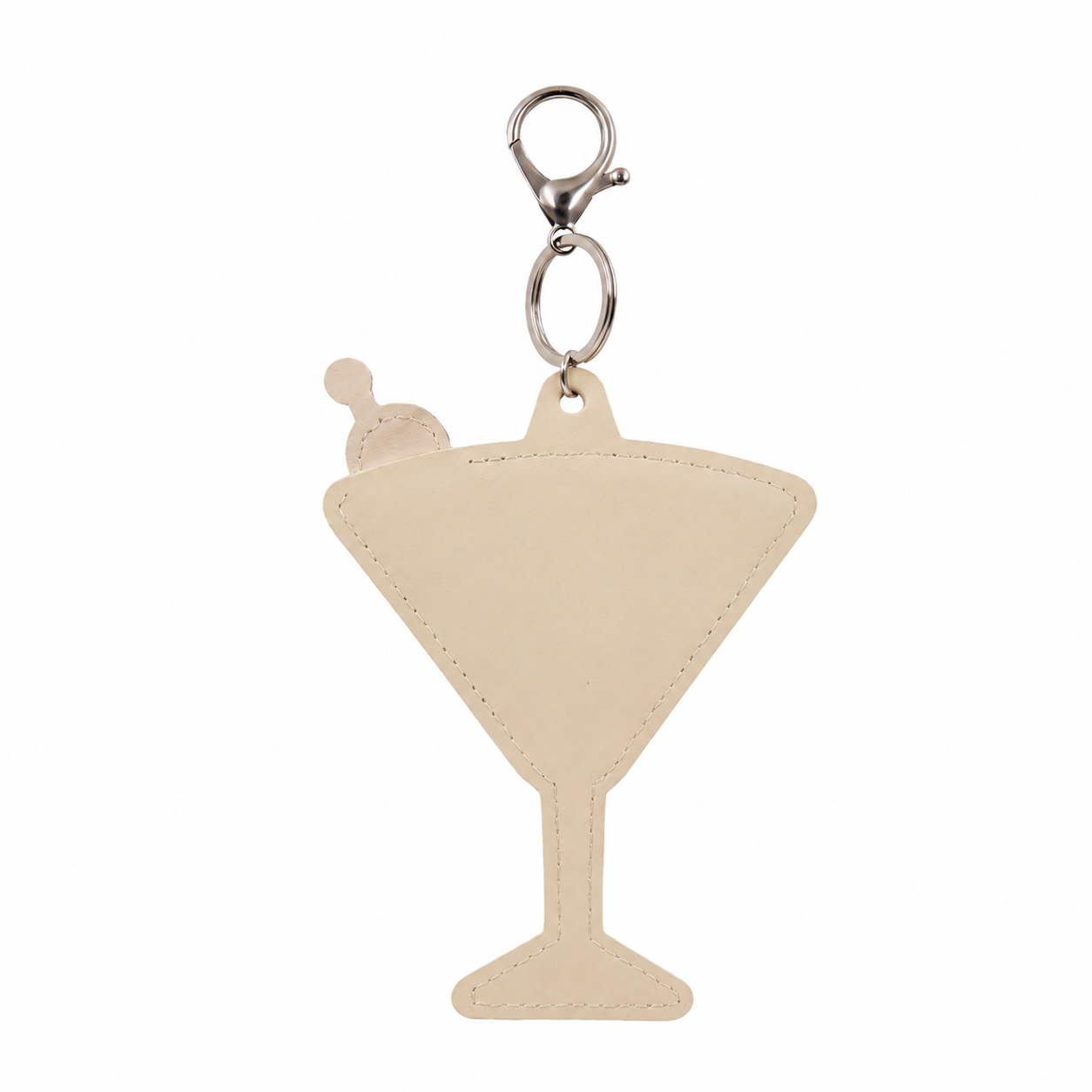 Beige martini glass keychain with a small bottle inside on a white background