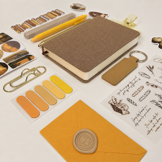 Collection of stationery items including a notebook, pen, and envelope on a white background