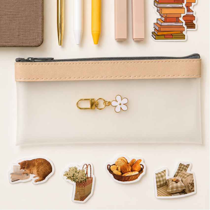 Cozy aesthetic journaling accessories with neutral stickers, pastel page tabs, gold paper clips and warm vintage stationery flat lay
