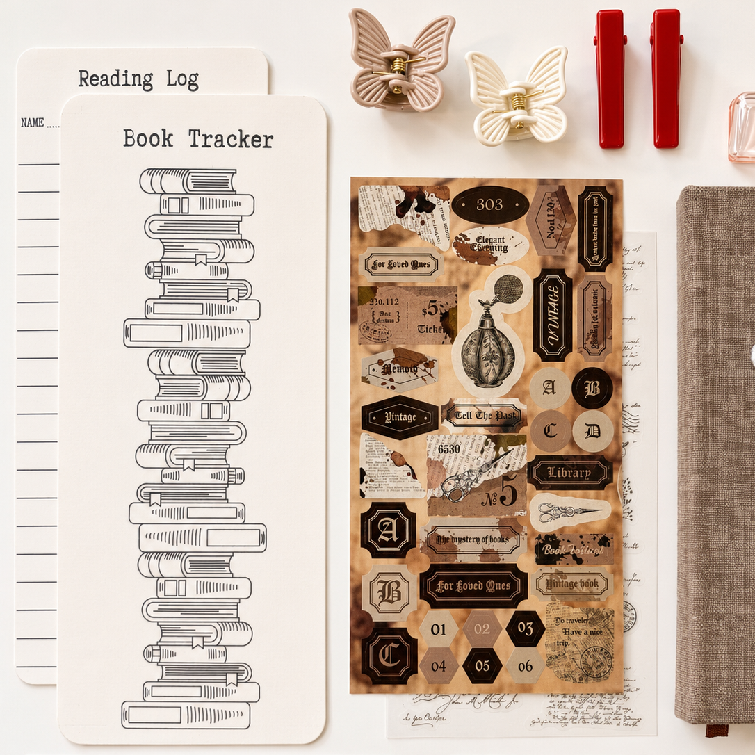 Collection of stationery items including a book tracker, decorative stickers, and a notebook on a white surface.