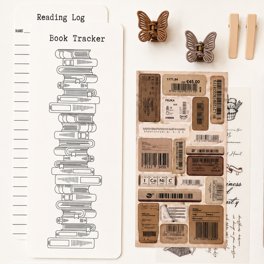 Reading tracker bookmark, vintage label stickers and neutral butterfly clips