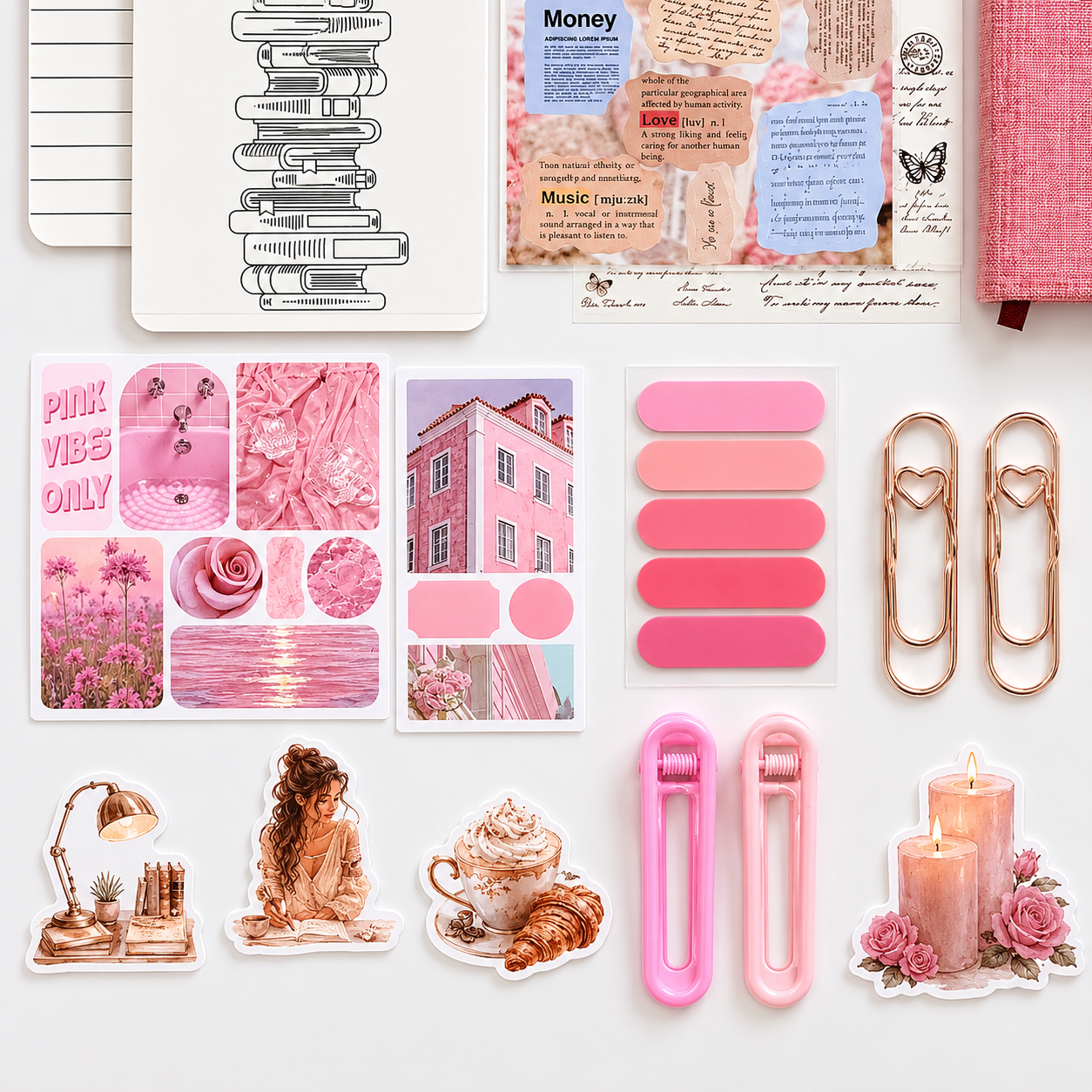 pink aesthetic stickers, pastel page tabs, heart paper clips, and cute journaling accessories for stationery lovers and desk decor