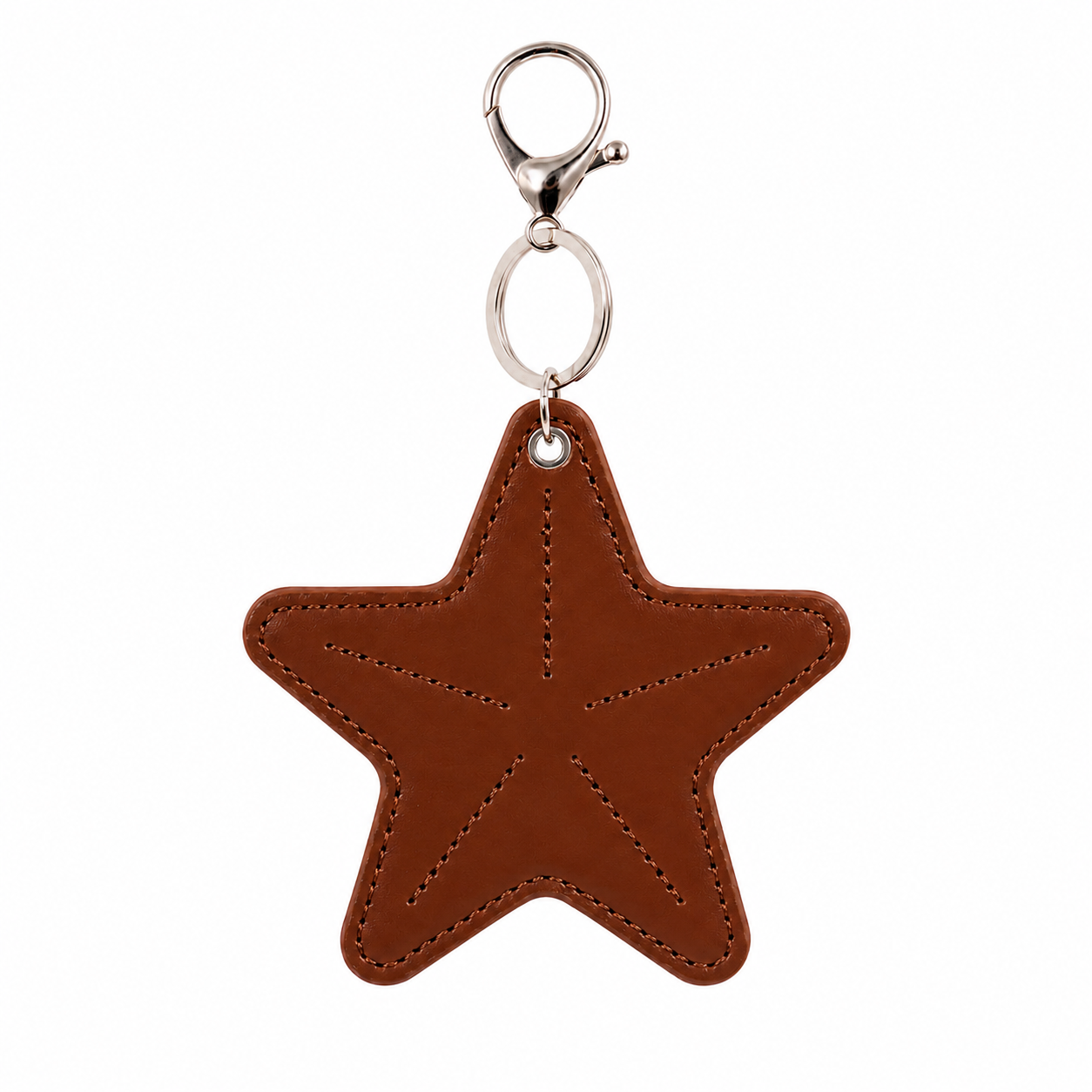 Brown star-shaped keychain with a silver clasp on a white background