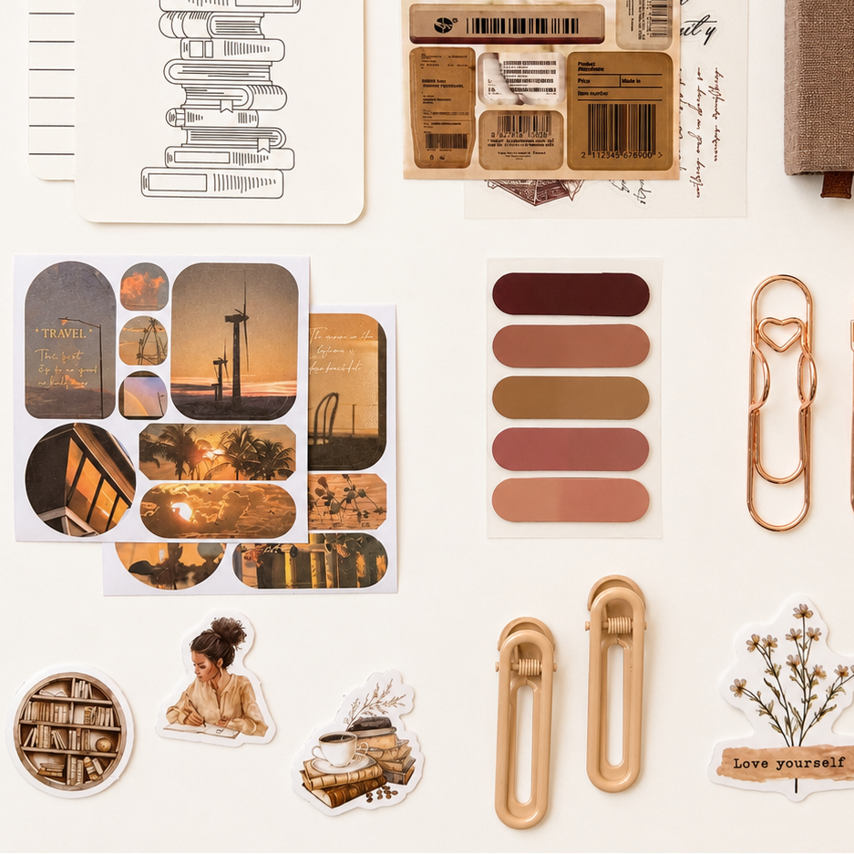 Collection of stationery items including stamps, paper clips, and decorative elements on a white background.