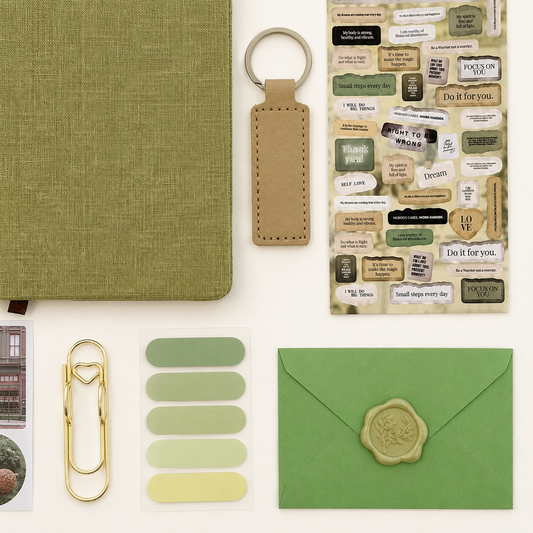 Collection of green stationery items including a notebook, keychain, and envelope on a white background.