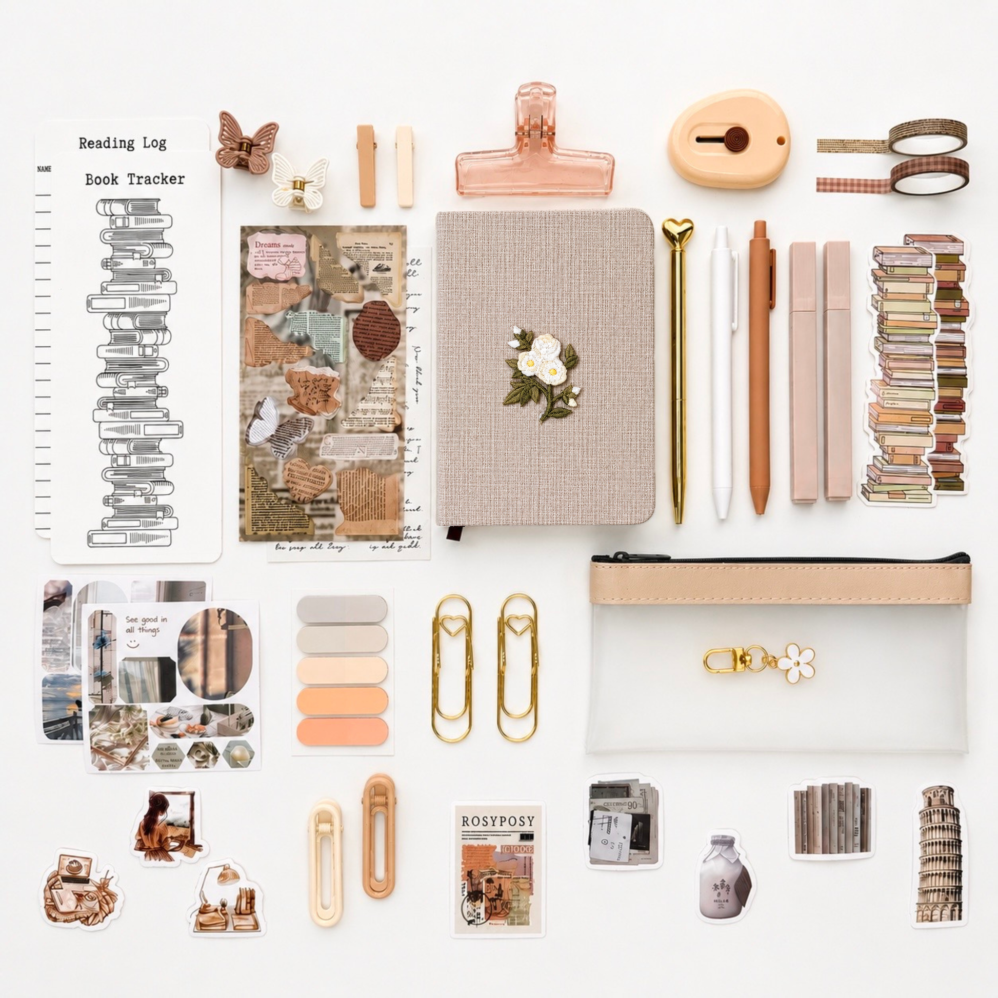 Minimal beige aesthetic stationery gift set featuring the signature Push Pin Studio linen floral journal, reading tracker, neutral stickers, pastel pens, transparent pencil pouch and elegant desk accessories for journaling and planning