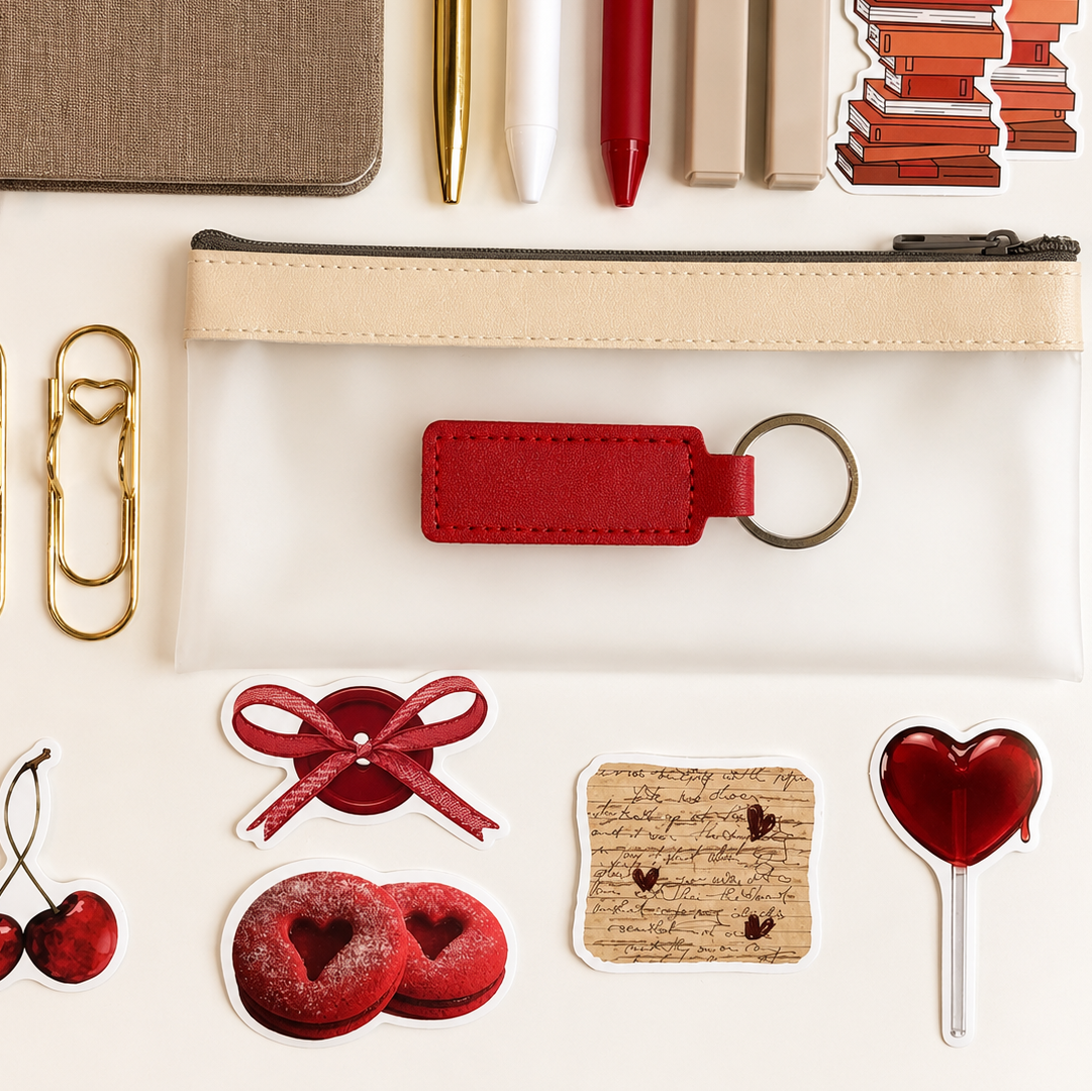 Collection of stationery items including a notebook, pens, a keychain, and decorative items on a white background.