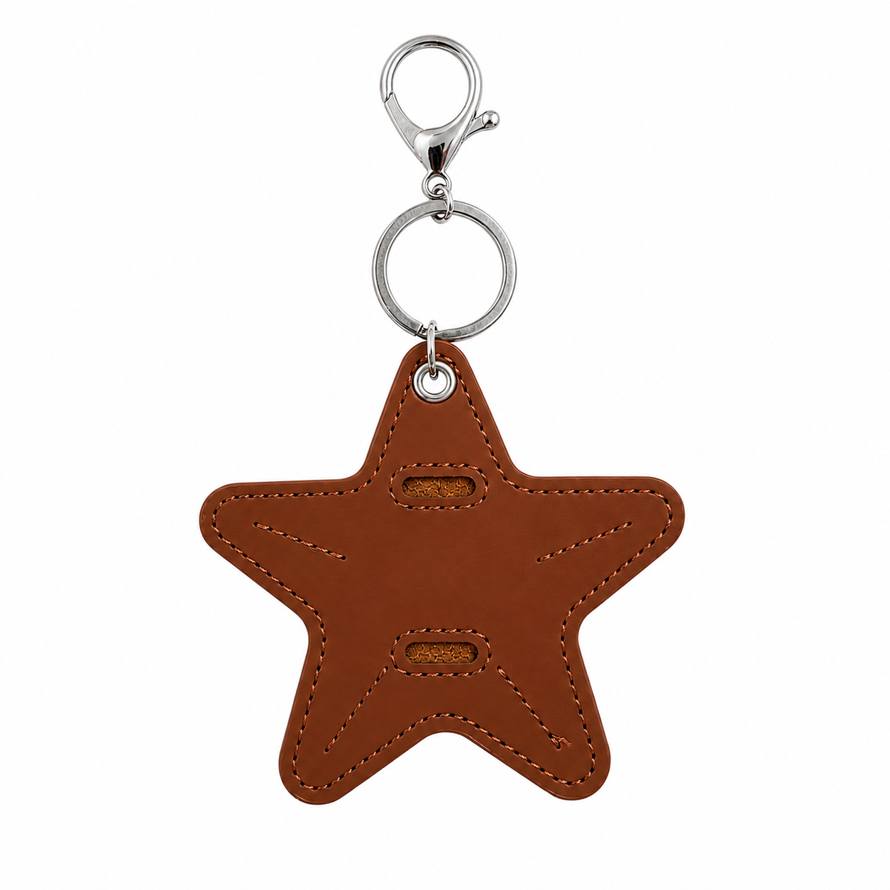Brown star-shaped keychain with a silver clasp on a white background