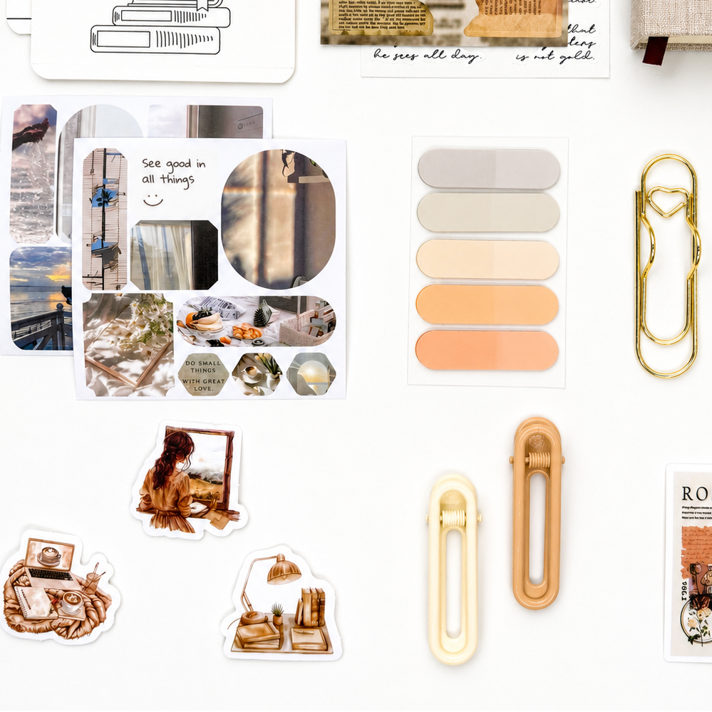 Neutral aesthetic stickers, pastel page tabs and minimalist desk accessories